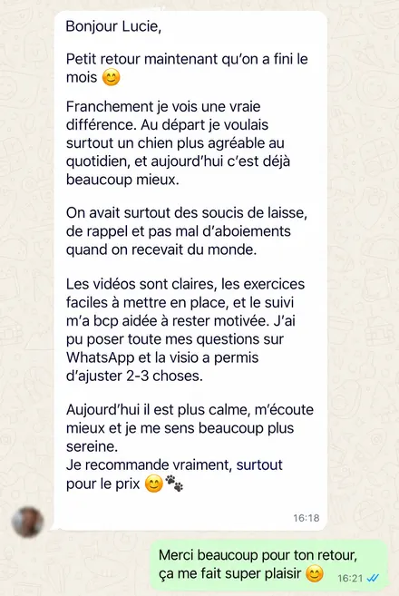Message d'une famille accompagnée par L'École du Chien
